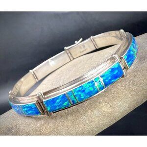 Vintage Native American RB Signed Sterling Silver Opal Inlay Link Bracelet